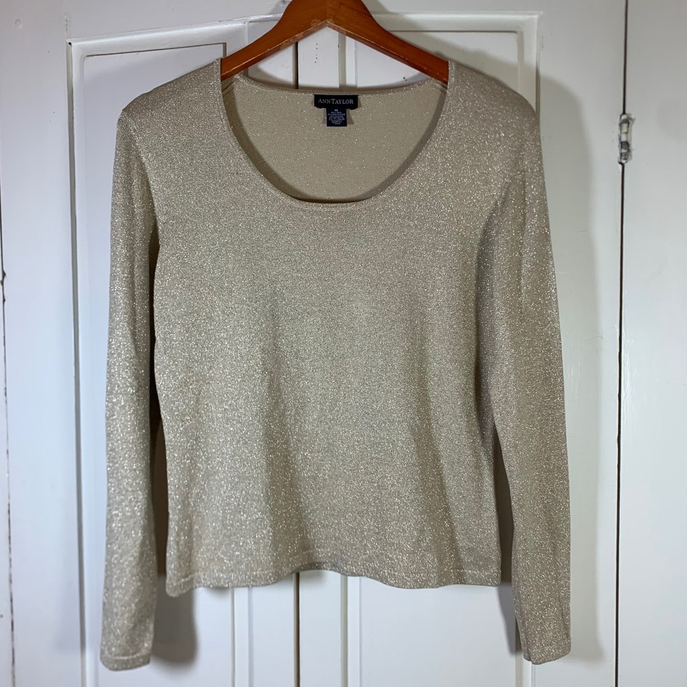 Ann Taylor Womens Silk Blend Metallic Shimmer Scoop Neck Long Sleeve Top Gold M